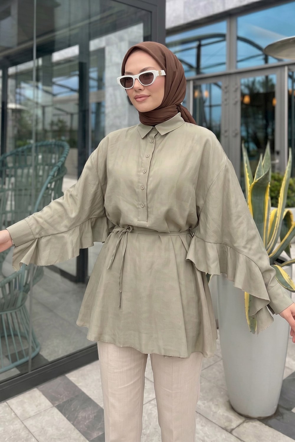 Volan Detaylı Bağcıklı Tunik Y0136 - Açık Haki