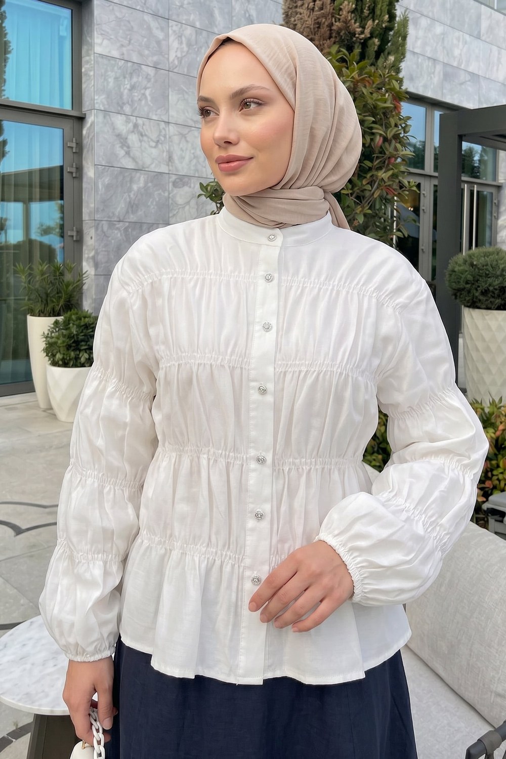 Gipe Detaylı Gömlek Y0146 - Kırık Beyaz