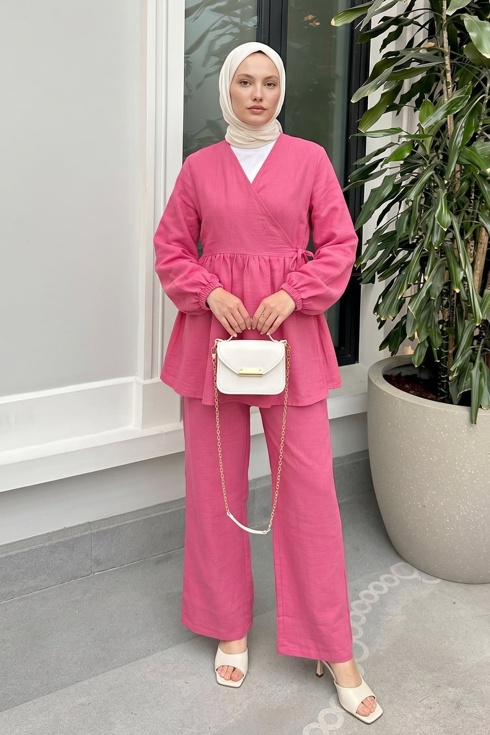 Çapraz Bağlamalı Kimono Takım 43457 - Fuşya