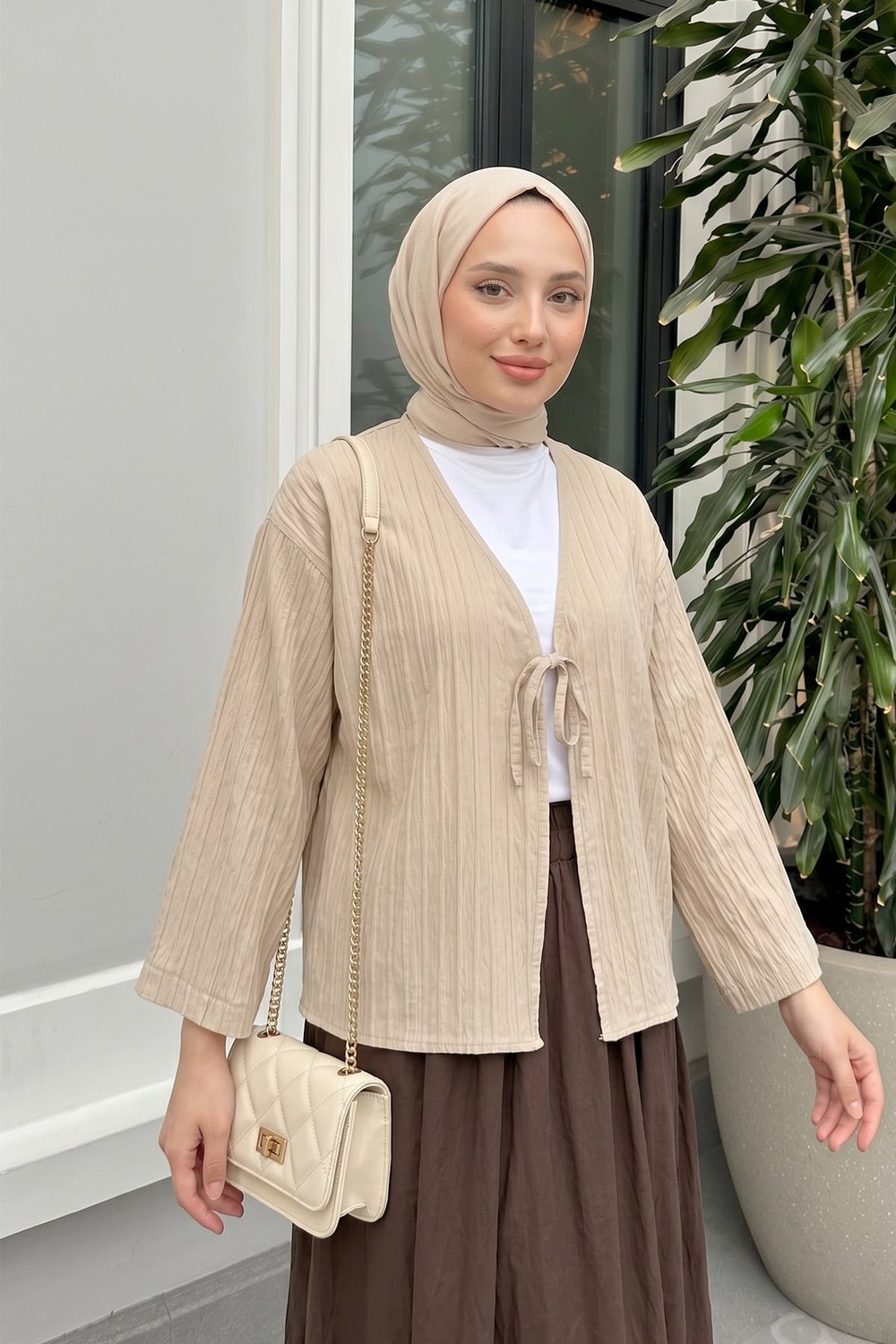 Çizgili Bağcıklı Kimono 2358 - Taş Rengi