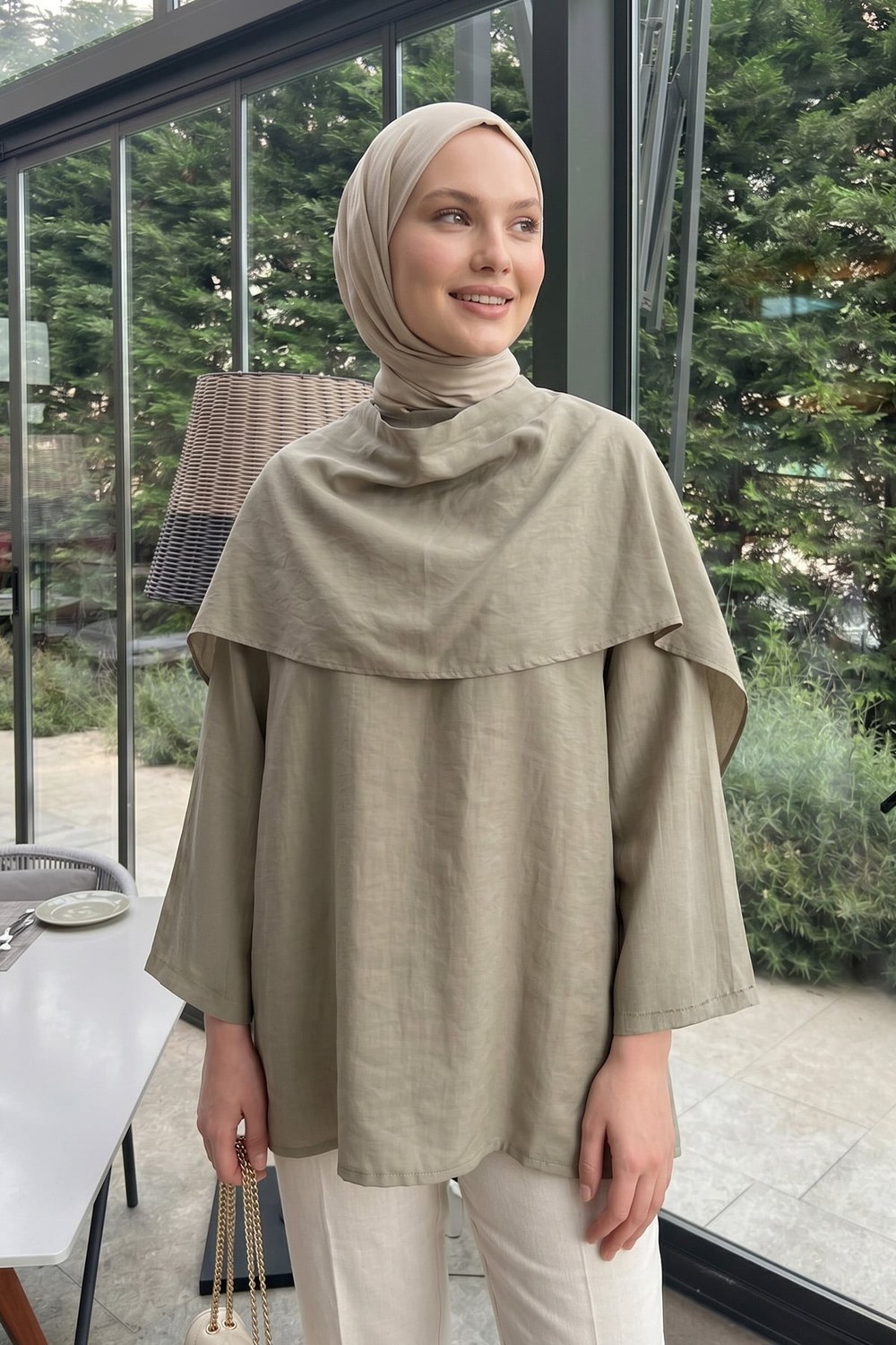Şal Detaylı Tunik Y0151 - Açık Haki
