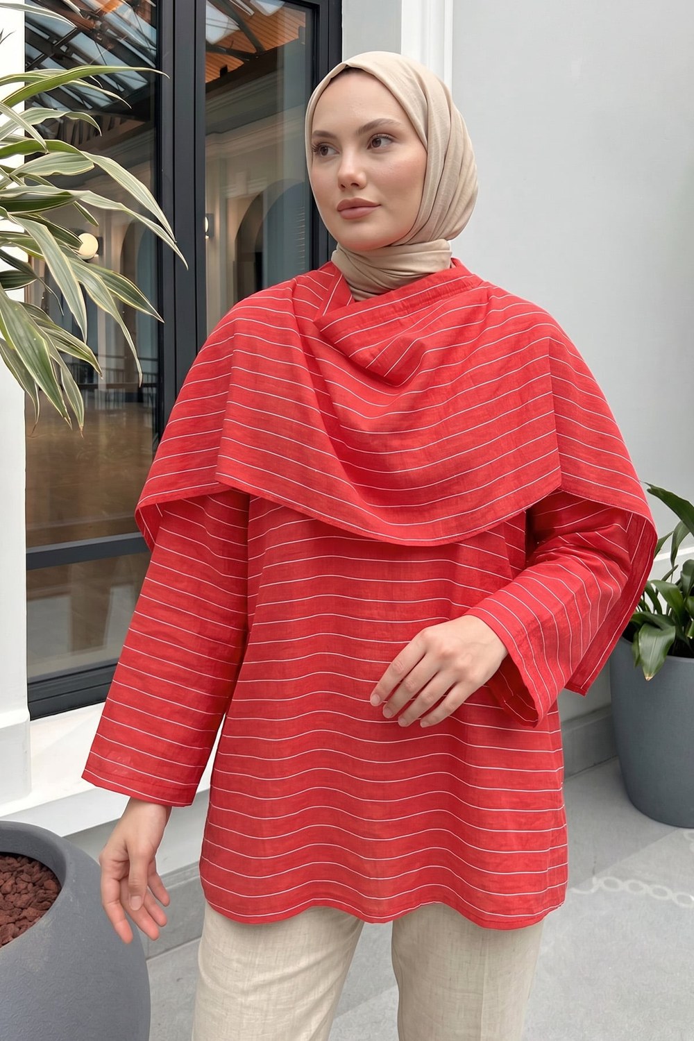 Şal Detaylı Çizgili Tunik Y0153 - Açık Kırmızı