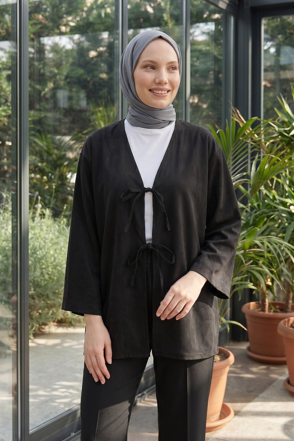 Çift Bağcıklı Uzun Kimono 262353 - Siyah