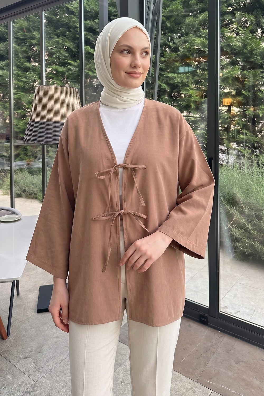Çift Bağcıklı Uzun Kimono 262353- Camel