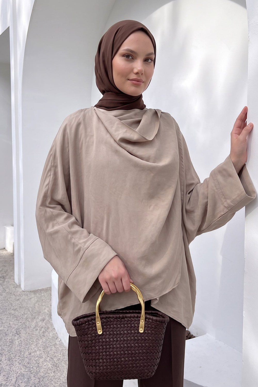 Omuz Şal Detaylı Tunik Y0156 - Vizon