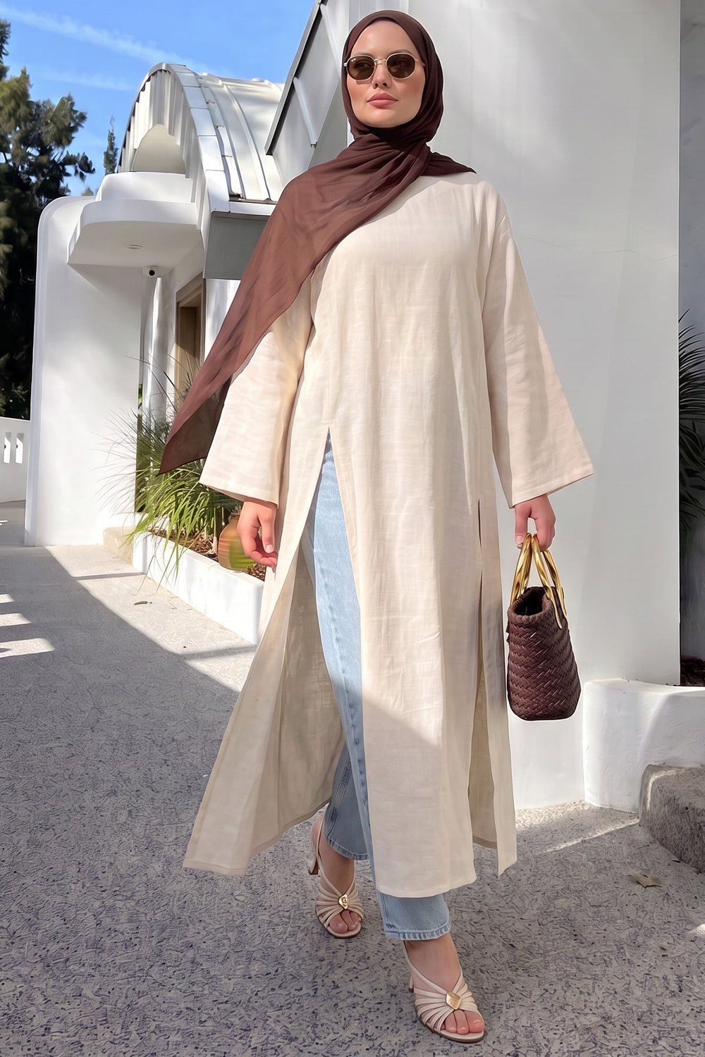 Yırtmaçlı Uzun Tunik Y0162 - Ekru