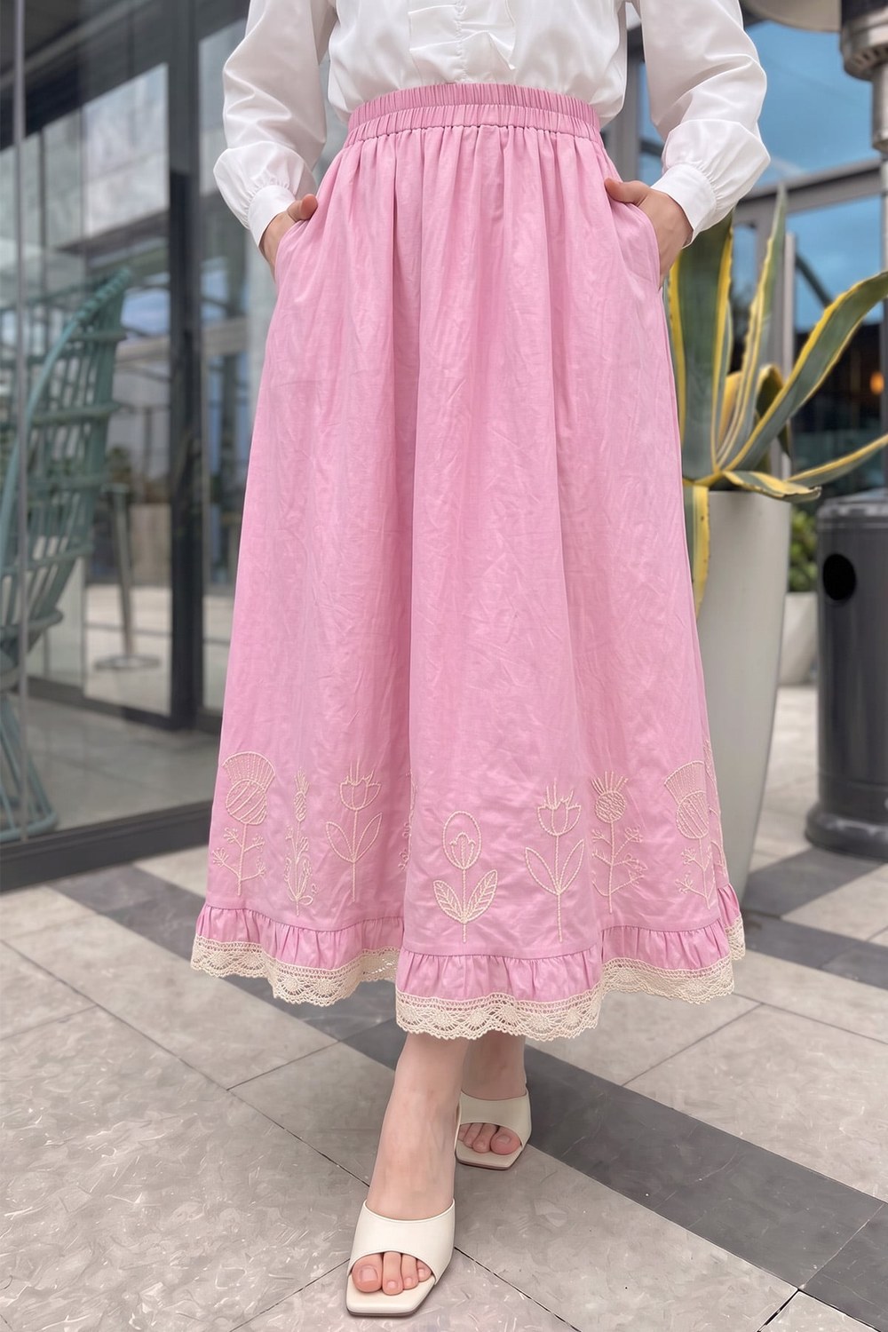 Fisto Ve Nakış Detaylı Etek 2329 - Pembe