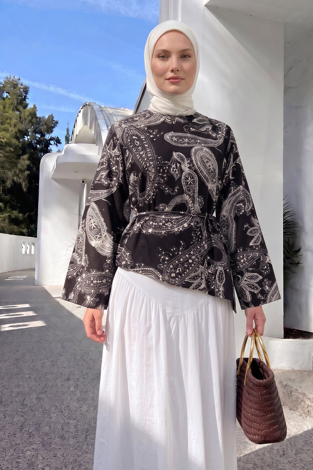 Buta Desenli Asimetrik Bluz Y0166 - Koyu Kahve