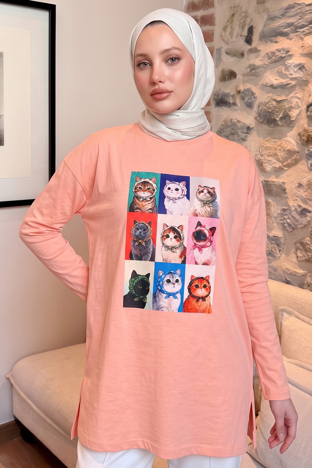 Kedi Baskılı Tunik 13230 - Somon